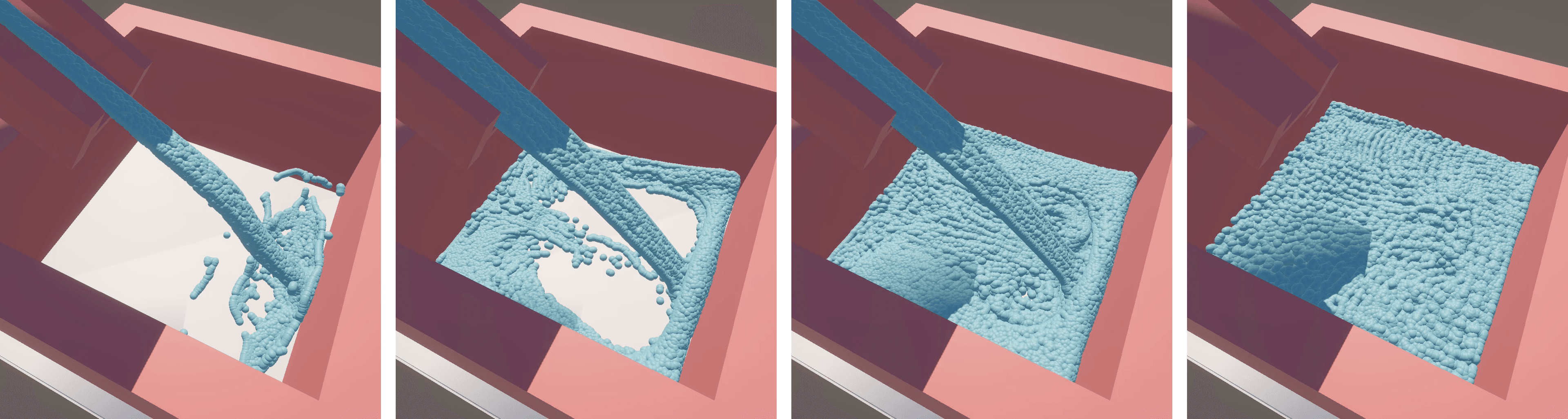 Validation scene showing liquid flowing through and around colliders